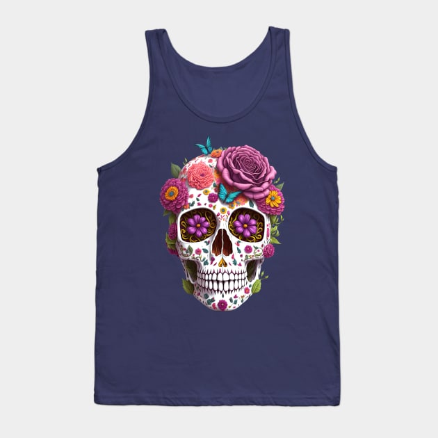 Funny Sugar Candy Skull With Flowers Tank Top by allovervintage